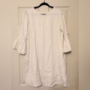 Womens White 100 % Linen Bell Sleeve Dress